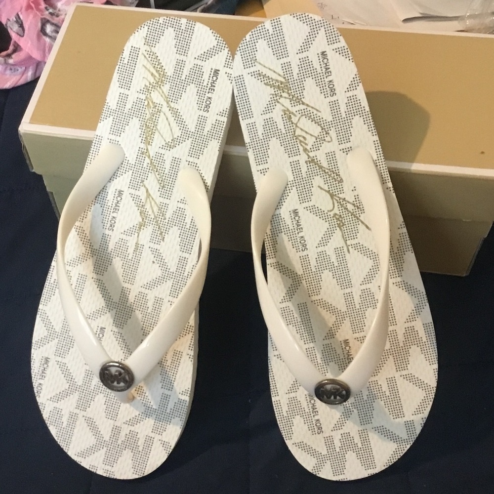 Michael Kors White Logo Print Jelly Flip Flops